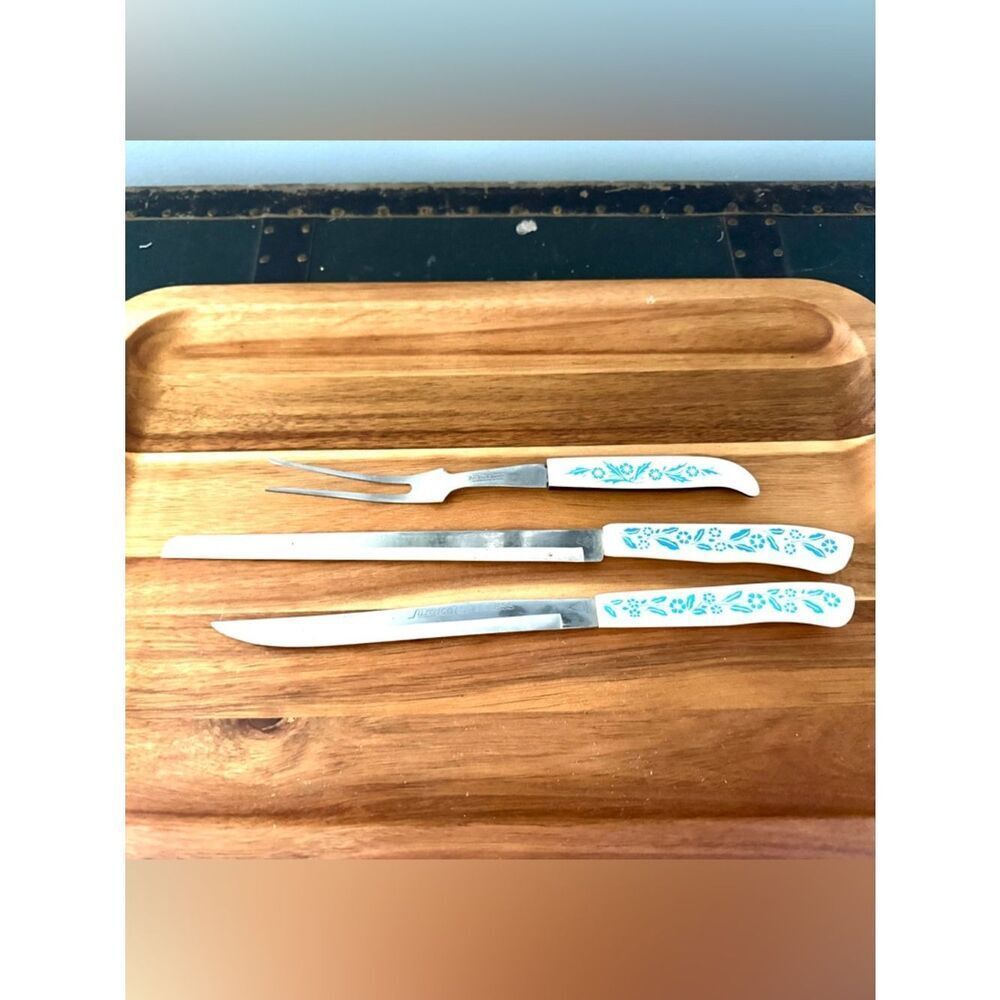 Vintage Household Surgical Stainless Knife Fork Set White Handle Blue Cornflower